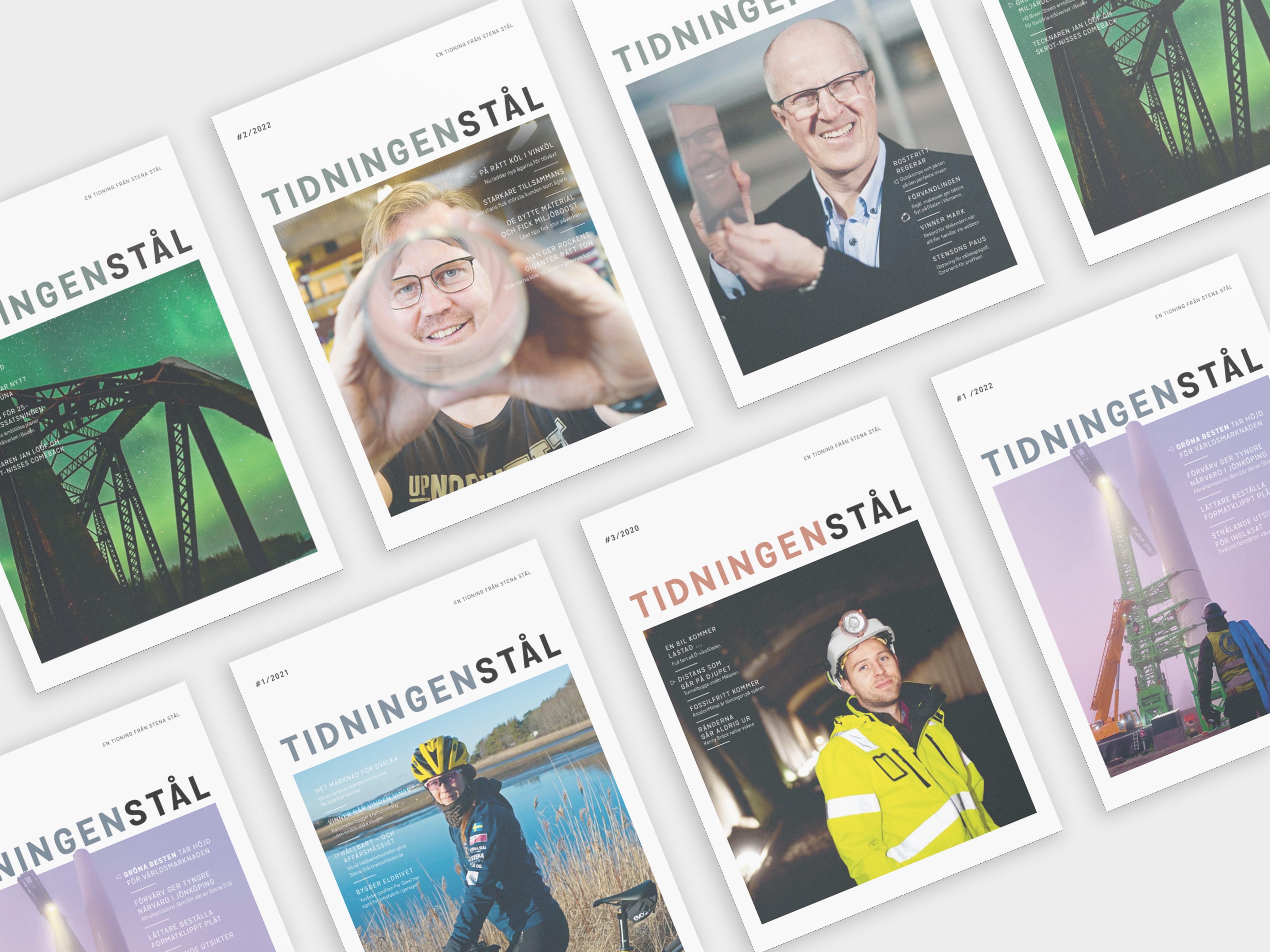 Ett collage över flera omslag av Tidningen Stål från Stena Stål